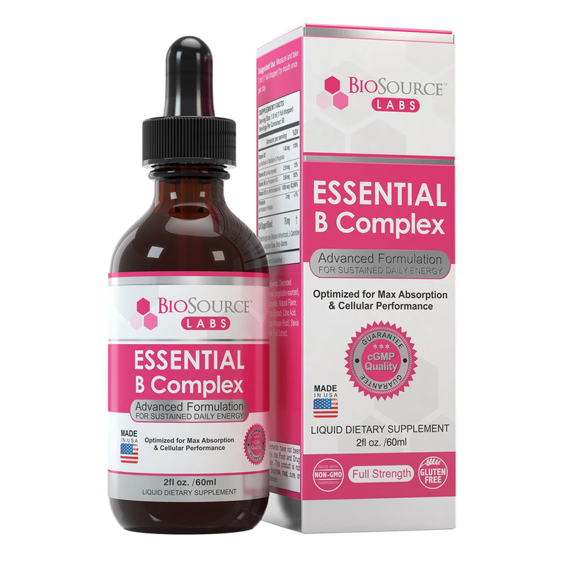 BioSource Labs Essential B Complex Liquid Drops, Methyl B12, 60-Day Supply | Vegan sublingual vitamin B-complex with methyl B12 in a 2 fl oz (60 mL) bottle, designed as a 60-day supply