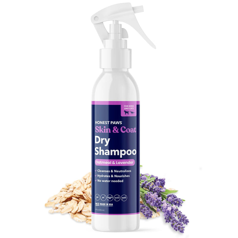Honest Paws Dog Dry Shampoo - Waterless No Rinse Foaming Formula Reducing Itch Cleanse Hydrate Nourish Dry Skin and Smelly Coat Help Decrease Odor Shedding and Allergies - Oatmeal & Lavender - 8 oz Oatmeal & Lavender - 8oz - BeesActive Australia