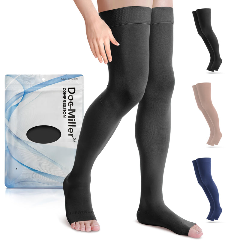 Doc Miller Thigh High Open Toe Compression Stockings 15-20mmHg Large Black