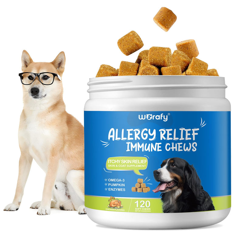 Dog Allergy Relief Chews (120 Count), Dog Allergy Chews, Itch Relief for Dogs, Omega 3 Fish Oil + Pumpkin Enzymes + DHA for Dogs, Anti Hot Spots + Seasonal Allergies, Skin & Coat Immune Health W-Dog Allergy 110 chews - PawsPlanet Australia