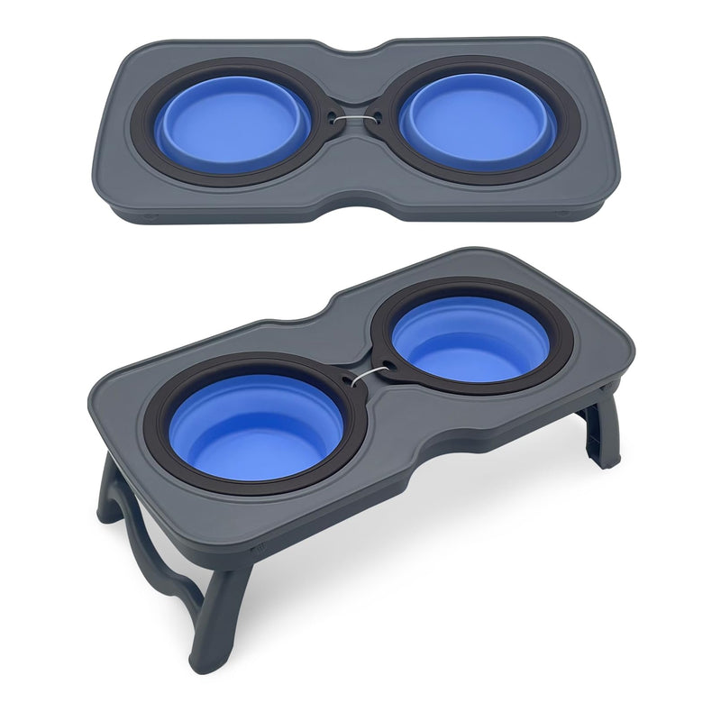 PINVNBY Elevated Portable Dog Bowl, Travel Raised Dog Stand with Collapsible Silicone Double Diner Puppy Bowls Non-Slip Dog Food Water Bowls Holder for Small Dogs and Cats - 14.6" L x 7.5" W x 3.9" H S:7.5 x 14.6 x 3.9 inches - BeesActive Australia