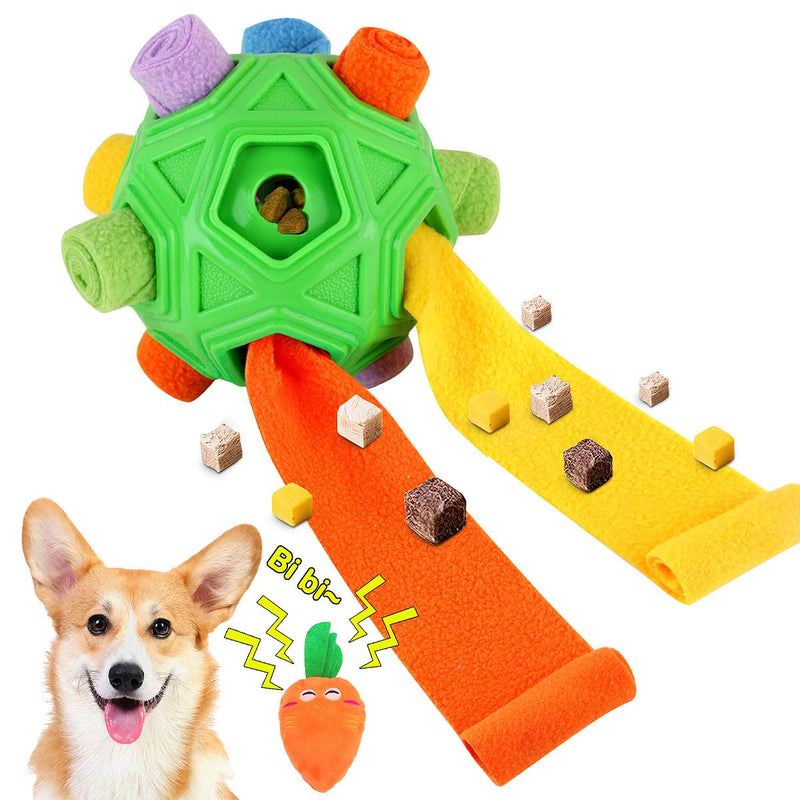 Dog Snuffle Ball-Interactive Puzzle Dog Toys Encourage Natural Foraging Skills Slow Feeder for Training and Stress Relief, Cloth Strip Hiding Food Chew Toys for Any Size Dogs with Squeaky Carrot Toy Green - BeesActive Australia