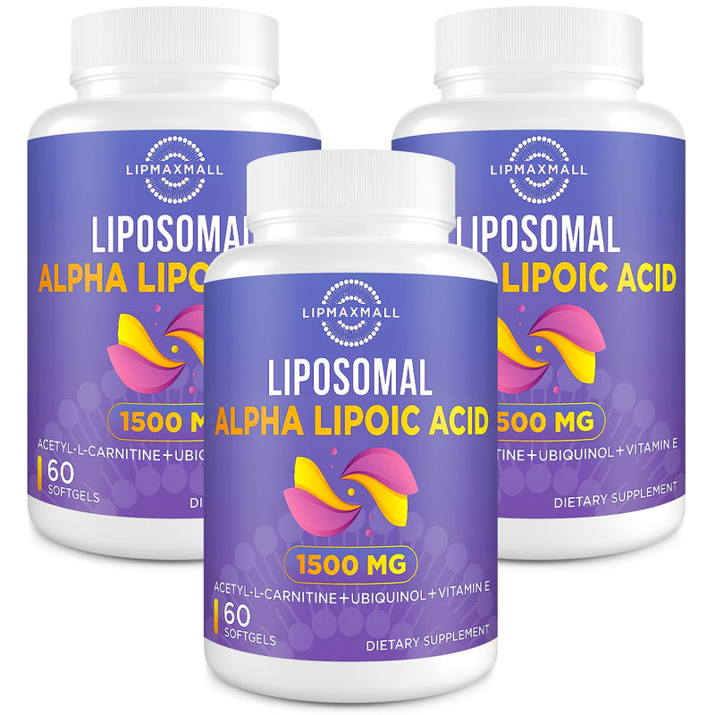 Liposomal Alpha Lipoic Acid 1500mg - with Acetyl-L-Carnitine 900mg & Ubiquinol 100mg & Vitamin E 15mg，ALA Supplement for Antioxidants Glucose Metabolism Nerve Energy, 60 Softgels (3 Bottle) Unflavored 60 Count (Pack of 3)