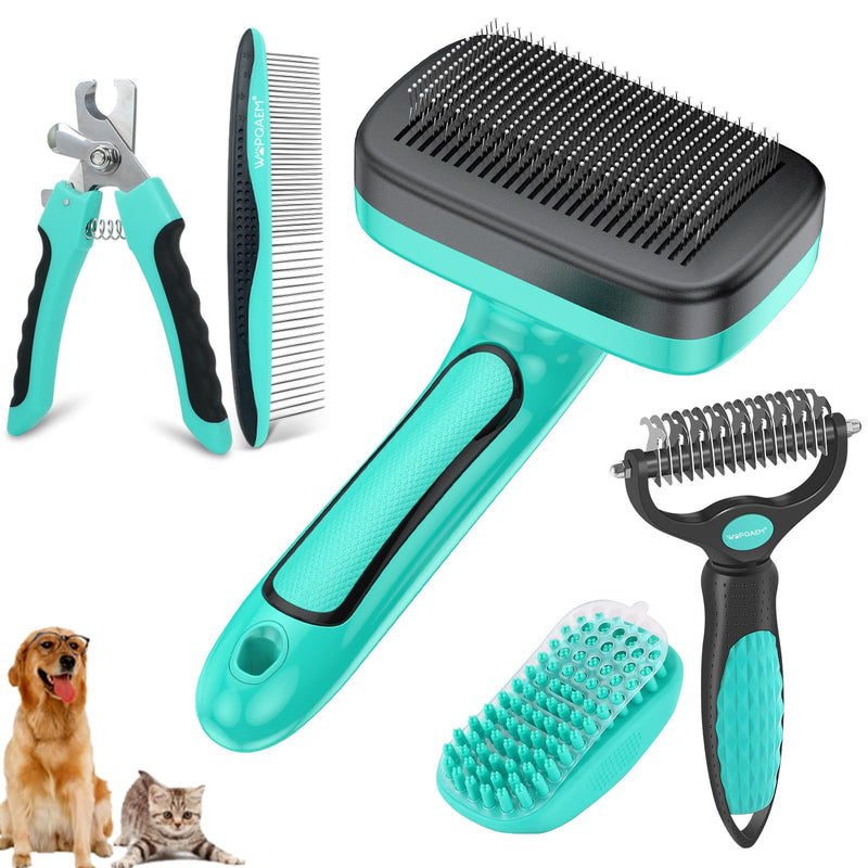 Dog Brush Kit for Grooming Short & Long Haired Dogs & Cats, 5 in 1 Pet Grooming Set for Small Animals, 5 PCS Puppy Self-Cleaning Slicker Brush and Pet Comb for Shedding Medium & Large Dogs Green 5 PCS - BeesActive Australia