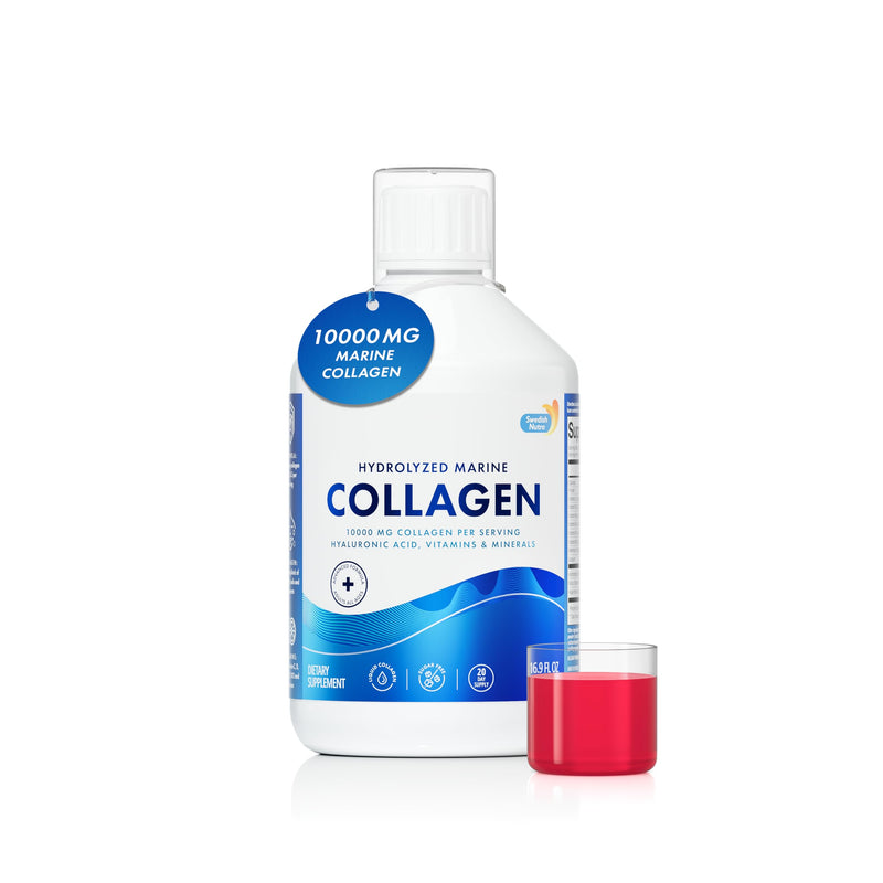 Swedish Nutra Marine Collagen 10,000 mg Liquid, 500 ml, 20 Day | 10,000mg marine collagen with hyaluronic acid, biotin & vitamin C for healthy hair, skin, nails & joints; sugar-free Liquid Marine Collagen 10000mg x 500 ml