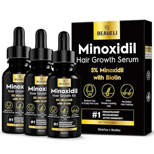 Beaueli 5% Minoxidil for Men and Women, Hair Growth, Beard Growth, Hair Regrowth, Unscented Drop, 3 Fl Oz, 3 Bottles 1 Fl Oz (Pack of 1) 30ml - 3 bottles