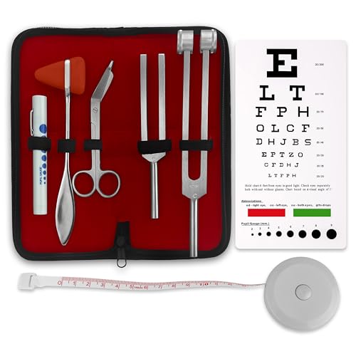 ASA TECHMED Premium 7 Piece Silver Diagnostic Kit - Taylor Hammer, Measuring Tape, Tuning Forks, Bandage Scissors, Pupil Gauge Penlight, Snellen Eye Chart (Silver)