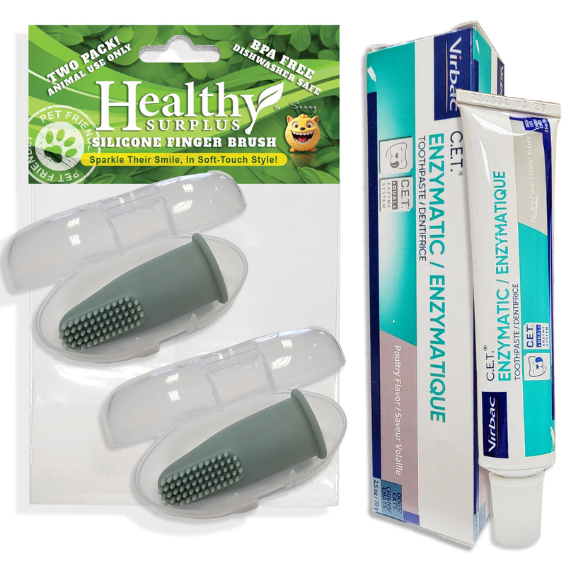 Silicone Finger Brush Twin Pack | 1 Virbac CET Enzymatic Poultry Toothpaste 2.5 oz/70 g | Fresh Breath, Plaque & Tartar Control | Dog Tooth Brushing Kit Oral Care for Pets - PawsPlanet Australia