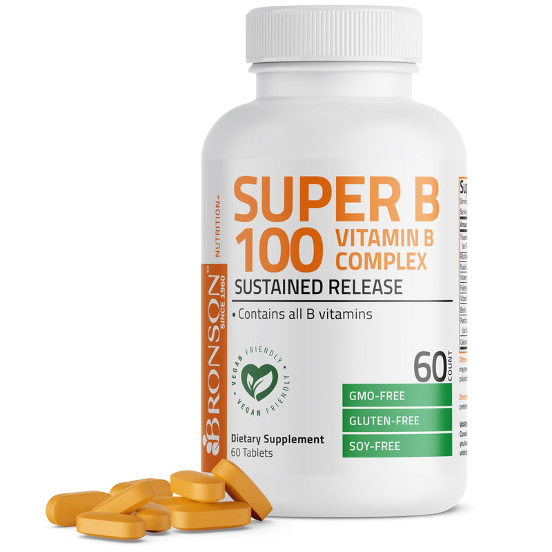 Bronson Super B100 Vitamin B Complex Sustained Release, 60 Tablets | B1, B2, B3, B6, Folic Acid, B12, Biotin & Pantothenic Acid, Energy & Nerve Support, Non-GMO, Gluten-Free & Soy-Free Unflavored 60 Count (Pack of 1)