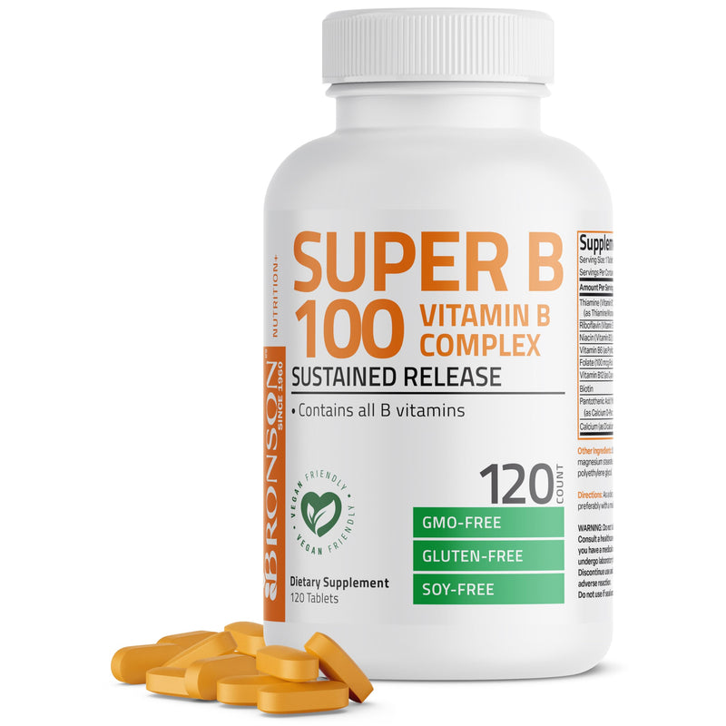 Bronson Super B100 Vitamin B Complex Sustained Release, 120 Tablets | B1, B2, B3, B6, Folic Acid, B12, Biotin & Pantothenic Acid, Energy & Nerve Support, Non-GMO, Gluten-Free & Soy-Free Unflavored 120 Count (Pack of 1)