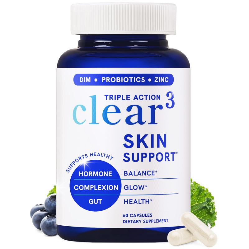 Clear Skin Supplement Acne Support, Zinc DIM, Probiotics, Doctor-Formulated | 3-in-1 Hormone, Gut & Complexion Support, Triple Action Hyaluronic Acid & Vitamins for Skin Balance and Glow, 60 Capsules 60 Count (Pack of 1)