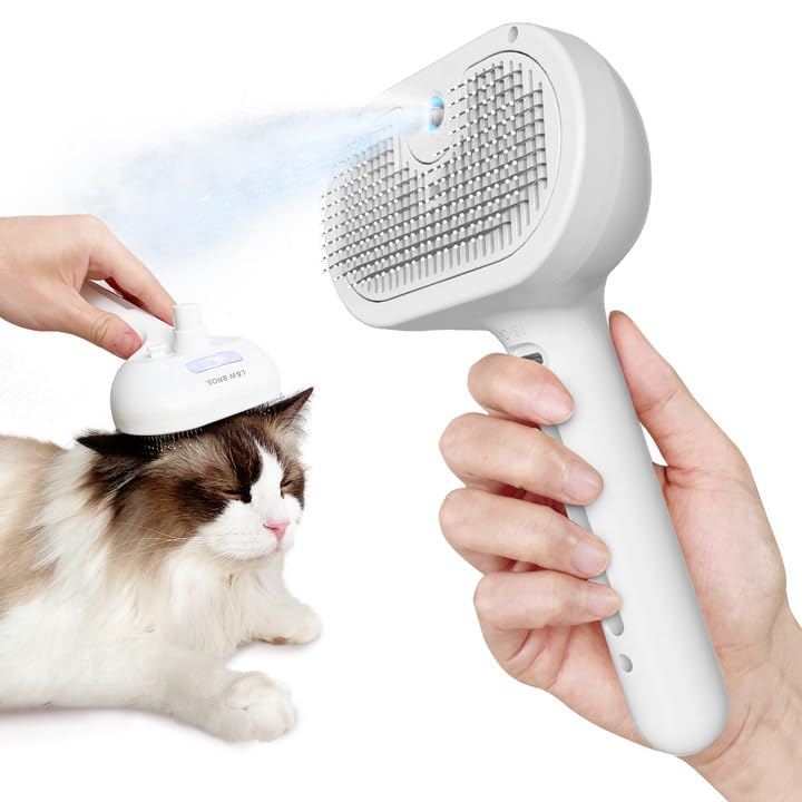 L&W BROS. Self-Cleaning Spray Cat Brush for Shedding, Removes Static Flying Hair, and Works Wonders for Both Long and Short-Haired Pets 2 In 1 Steam Brush for Cats And Dogs Grooming (White) White - BeesActive Australia