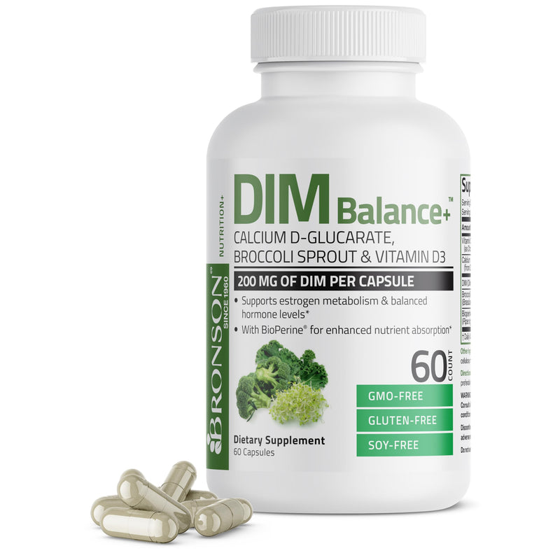 Bronson DIM Balance+ 200 mg & Calcium D-Glucarate, 60 Vegetarian Capsules | Broccoli Sprout, Vitamin D3 & BioPerine, Estrogen Metabolism & Balanced Hormone Support, Non-GMO, Gluten-Free & Soy-Free 60 Count (Pack of 1)