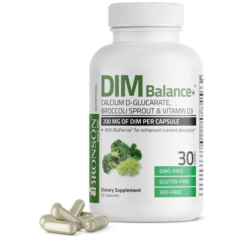 Bronson DIM Balance+ 200 mg & Calcium D-Glucarate, 30 Vegetarian Capsules | Broccoli Sprout, Vitamin D3 & BioPerine, Estrogen Metabolism & Balanced Hormone Support, Non-GMO, Gluten-Free & Soy-Free 30 Count (Pack of 1)