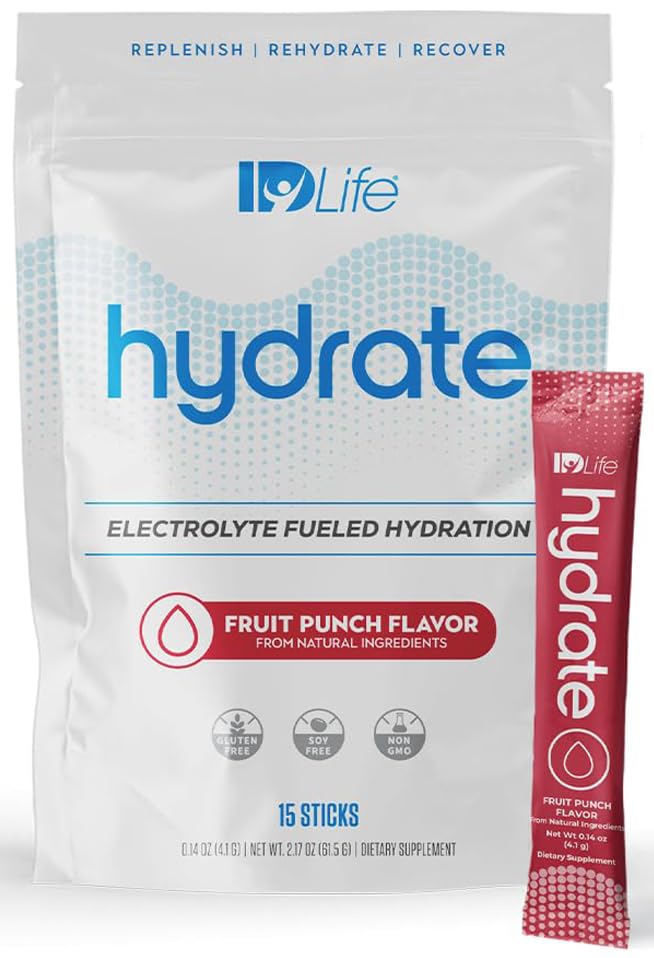 IDLife Hydrate - Fruit Punch - 15 Sticks | Electrolyte Blend, Vitamins And Minerals, MCTs, Rapid Mix Formula, Daily Hydration, Workout Support, On-The-Go Packets