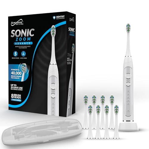 Supersonic TB-5100 Sonic Zoom Advanced Whitening Electric Toothbrush | 40,000 VPM | Wireless Charging | 5 Cleaning Modes | 8 Brush Heads | Auto Timer | Travel Case | White