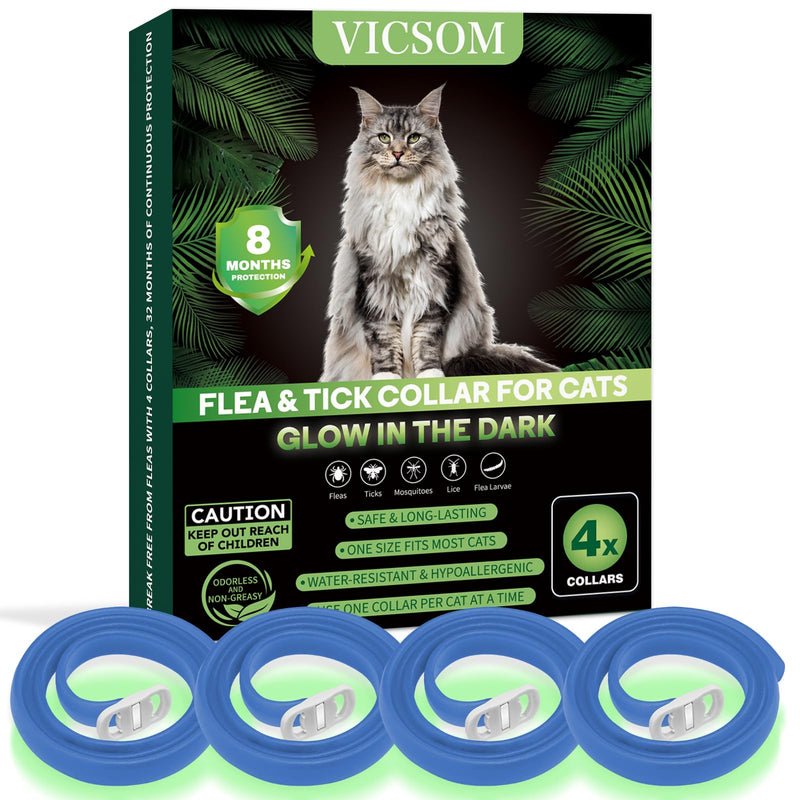 4 Pack Flea Collar for Cats, Cat Flea and Tick Collar Glow in Dark, 8 Months Prevention Cat Flea and Tick Treatment, Waterproof Adjustable Cat Flea Collar, Tick and Flea Collar for Kitten Cat, Blue - BeesActive Australia