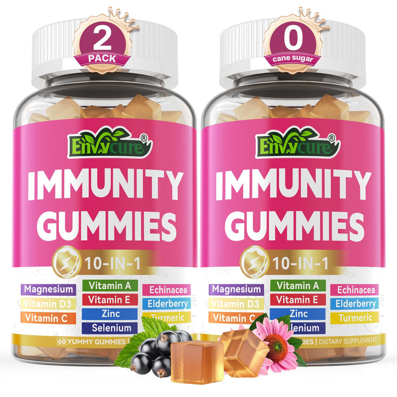 Immune Support Supplement Gummies, w/Echinacea, Elderberry, Vitamin C, Zinc | 10 IN 1 Daily Immune Booster Multivitamin, w/Vitamin D3 5000IU, Magnesium, Selenium, for Antioxidant Bone Energy, 2 Pack 60 Count (Pack of 2)