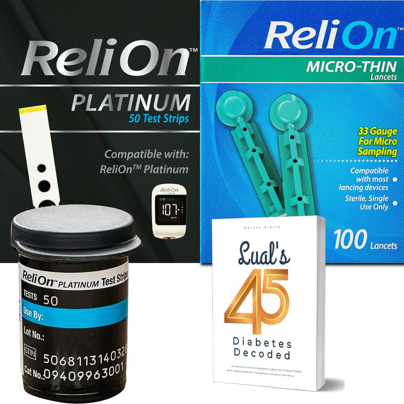 Relion Platinum Test Strips 50 count + ReliOn Micro-Thin Lancets, 33-Gauge, 100 Count. Compatible with ReliOn Platinum Meter, Testing Blood Glucose, Bundle with 45 Diabetes Decoded eBook Included