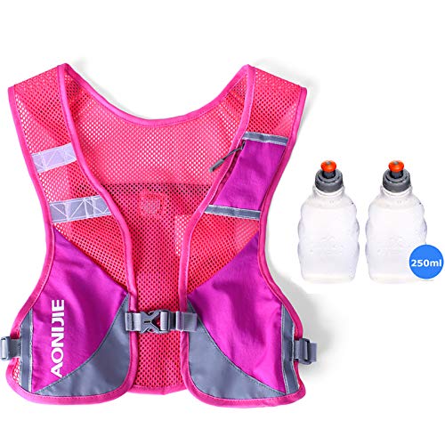 AONIJIE Reflective Running Vest Marathon Running Vest Pack Breathable for Hiking Camping Cycling Race rose red with 2*250ml bottle