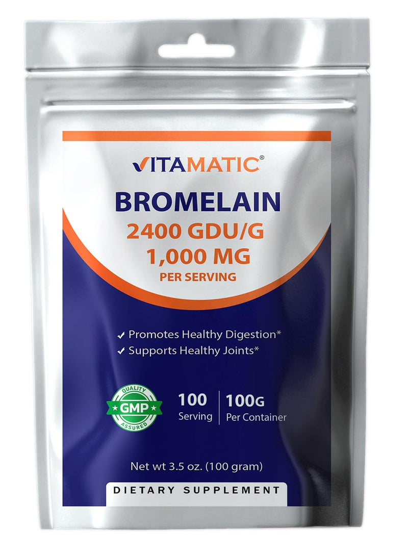 Vitamatic Bromelain Powder 1000mg per Serving - 2400 GDU/g, Proteolytic Enzymes, Supports Digestion of Proteins, 100 Grams - 100 Servings (Scoop Included) - BeesActive Australia