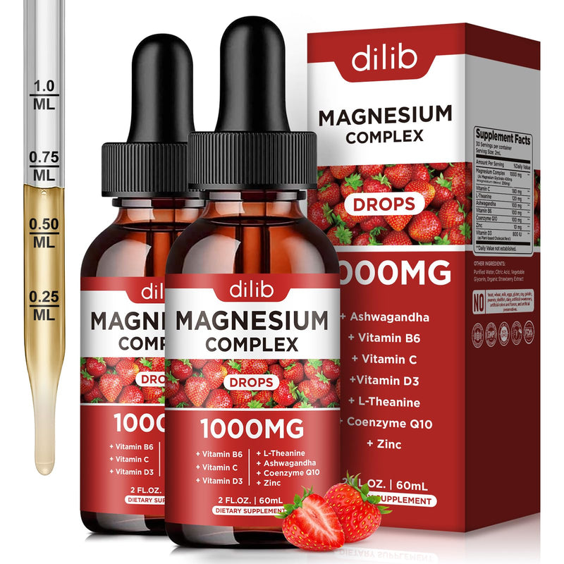 Triple Magnesium Complex Supplement, Magnesium Glycinate, Blend, Citrate Liquid Drops 1000mg with Ashwagandha, CoQ10, Vitamin B6, C, D, Zinc -Support Calm Stress Relief, Bone, Muscle, Mood 2 Pack Strawberry 2 Fl Oz (Pack of 2)