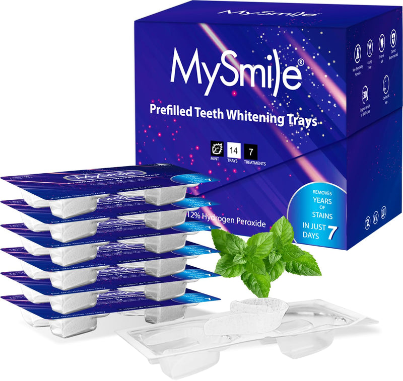 MySmile 7 Treatments Prefilled Teeth Whitening Trays Kit with 12% Hydrogen Peroxide Whiter Gel for Sensitive Tooth, Fast-Result Vegan Teeth Whitener Tooth Stain Remover, Mint Flavor 2 Count (Pack of 7) - BeesActive Australia