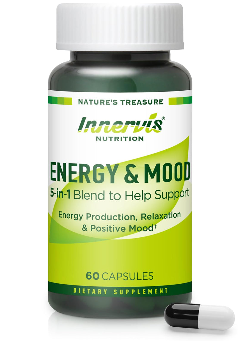 Caffeine Free Natural Energy Boost with Ashwagandha, Maca & Magnesium - Support Stress Relief, Focus & Mood - 60 Capsules by Innervis Nutrition 60 Count (Pack of 1)
