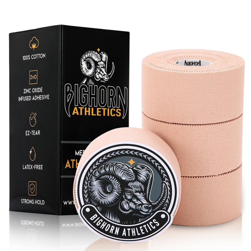 Bighorn Athletics Sports Tape | EZ-Tear Nude Athletic Tape for Wrist, Ankle & Foot Support | Zinc Oxide Infused & Latex-Free Adhesive, Breathable Cotton Fabric, 1.5-Inch x 45-Feet, 4 Rolls, Nude - BeesActive Australia