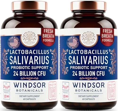 WINDSOR BOTANICALS Lactobacillus Salivarius Probiotic Capsules - L Salivarius Probiotic Oral Dental Probiotics for Bad Breath, Teeth and Gums Health and Immune Support - 24bn CFU, 2-Pack 120 Caps 60 Count (Pack of 2)