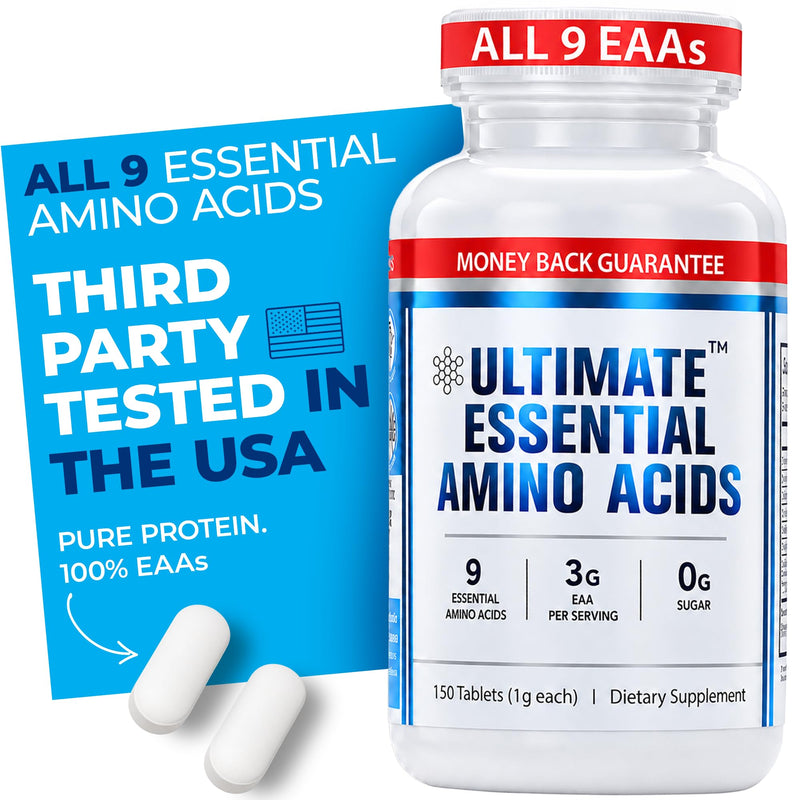 Ultimate Essential Amino Acids Supplement for Cutting, Fasting & Workouts, All 9 EAAs, 3000mg, 40% Leucine, 4:1:1 BCAA Ratio, Binder-Free with Organic Coating, Vegan, Keto, Non-GMO, 150 Tablets 150 Count (Pack of 1)