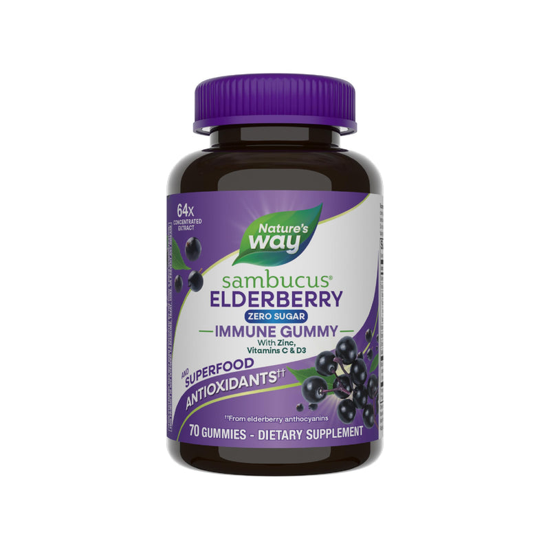 Nature's Way Sambucus Zero Sugar Immune Gummies, Daily Immune Support*, Black Elderberry Extract, Vitamin C, Vitamin D3, Zinc, Sugar Free, Sugar Alcohol Free, Plant-Based Sweeteners, 70 Gummies All Family 70 Count (Pack of 1)