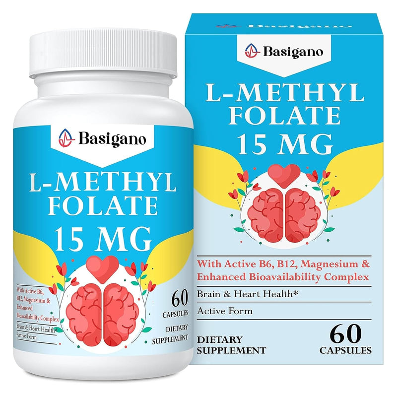 15mg L Methylfolate (5-MTHF)- Active Folic Acid-Enriched with Vitamins B6 and B12-60 Vegetarian Capsules - Non-GMO, Gluten-Free | Active Folic Acid, Enriched with Vitamins B6 and B12, Gluten-Free 60 Count (Pack of 1)