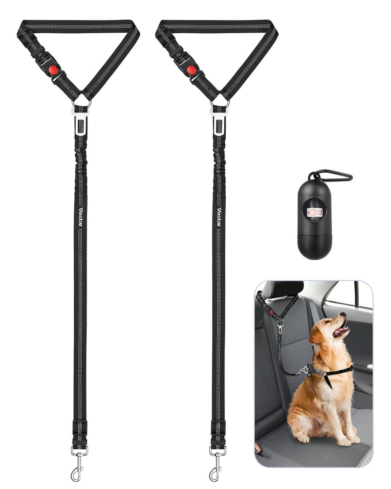 Vastar 2 Pack Dog Seat Belt for Car, 3-in-1 Dog Car Seatbelt, Adjustable Pet Seat Belt, Safety Headrest Restraint Dog Car Belt with Reflective Elastic Bungee, Poop Bag Holder Black+Black - BeesActive Australia