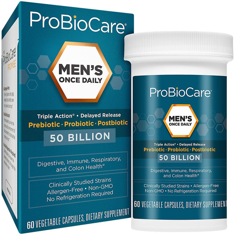 ProBioCare Men’s Once Daily Probiotic, 50B CFU, Digestive Health, 60 Caps | Triple-Action Prebiotic, Probiotic & Postbiotic Blend, Delayed-Release Capsules, Shelf-Stable, Non GMO, Allergen Free