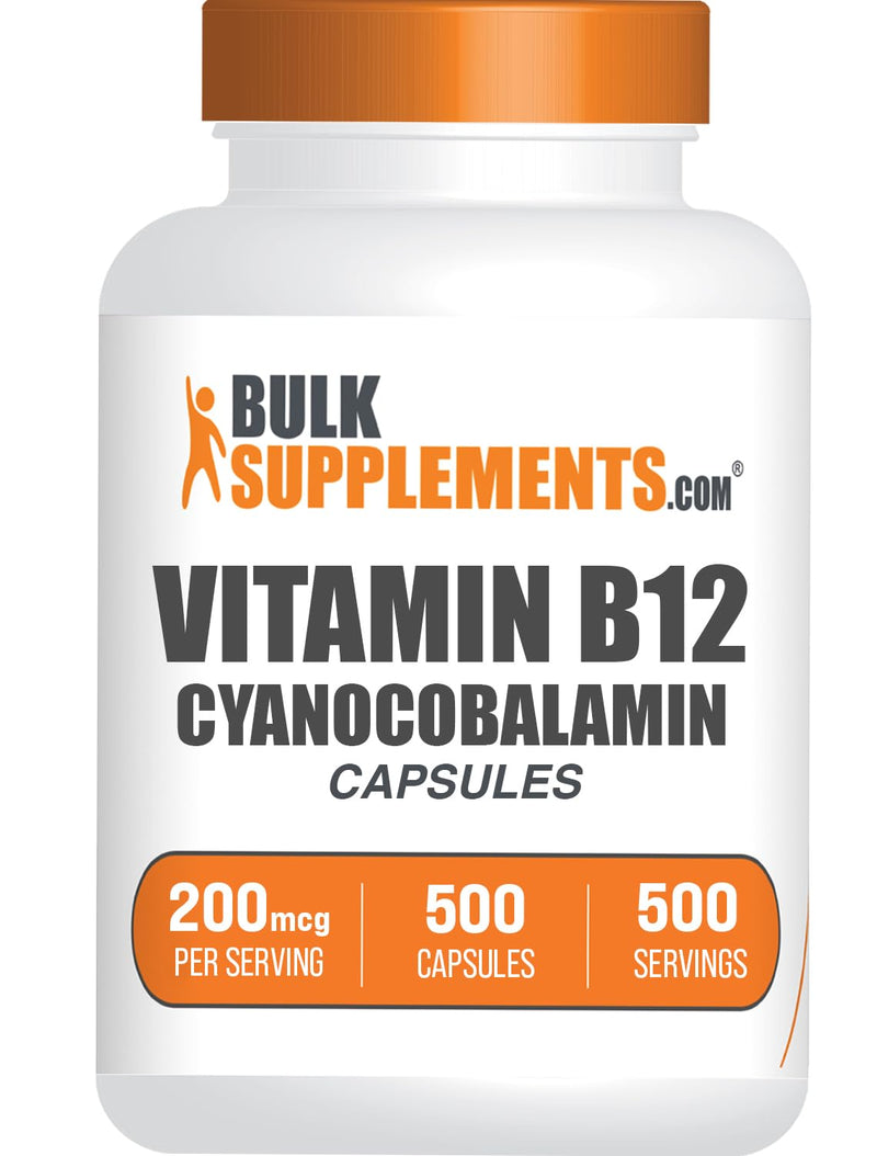 BulkSupplements.com Vitamin B12 Capsules - as Cyanocobalamin, Vitamin B Supplement, Vitamin B12 200 mcg - Energy Vitamins, Gluten Free, 1 Capsule per Serving, 500 Capsules (Pack of 1)