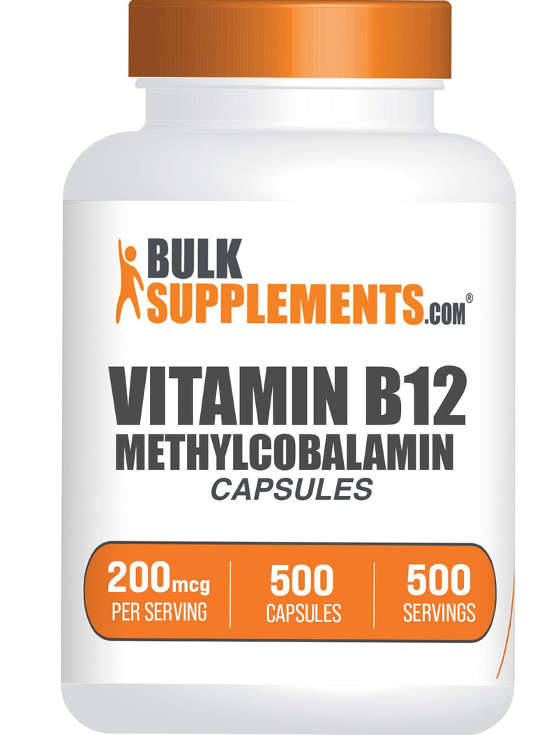 BulkSupplements.com Vitamin B12 Methylcobalamin Capsules - B12 Vitamin Supplement, B12 200mcg, for Energy Support - Gluten Free, 1 Capsule per Serving, 500 Capsules (Pack of 1)