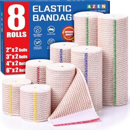 AZEN Premium 8 Pack Elastic Bandage Wrap (2x2", 2x3", 2x4", 2x6"), Compression Wrap Bandage for Legs, Ankle, Knee, Tummy, Body, Latex-Free, Lymphedema Wraps for Legs Mix 8p (2+3+4+6) 2 Inch, 3 Inch, 4 Inch, 6 Inch