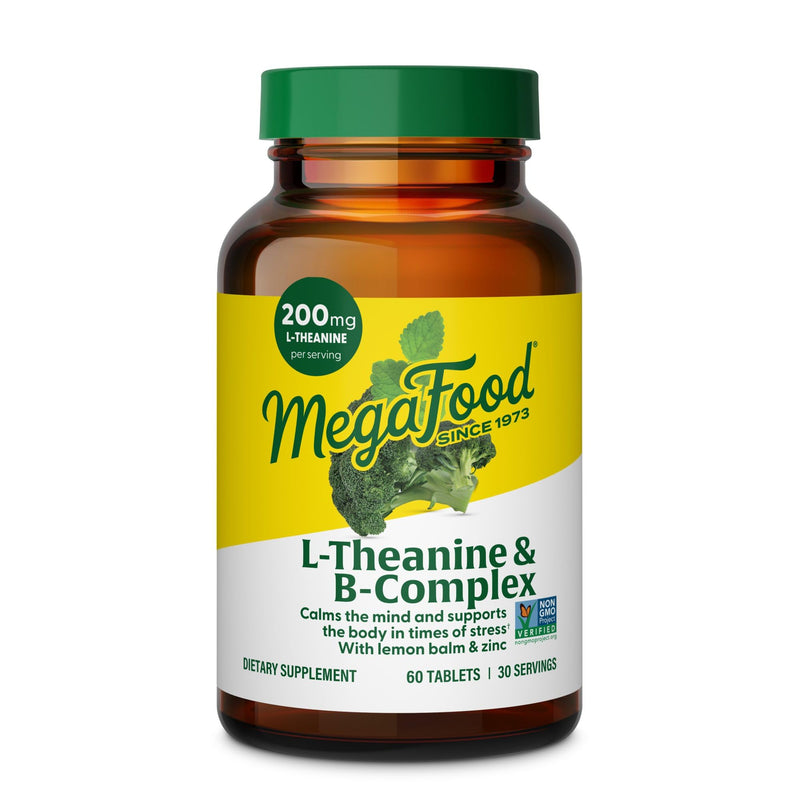 MegaFood L-Theanine 200mg & B Complex with Zinc & Lemon Balm, 60 Tablets | L Theanine Supplement & Vitamin B Complex of Methylated B12, B6, Methylfolate, Biotin, Stress Support, Vegan, 30 Servings