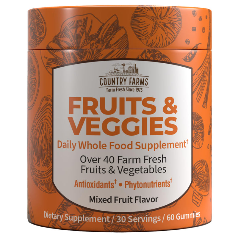 COUNTRY FARMS Fruits and Veggies Gummies, with Over 40 Farm Fresh Fruits & Vegetables, Packed with Powerful Antioxidants, (Spirulina, Blueberry, Mushrooms), Daily Whole Food Supplement, Pectin Based,
