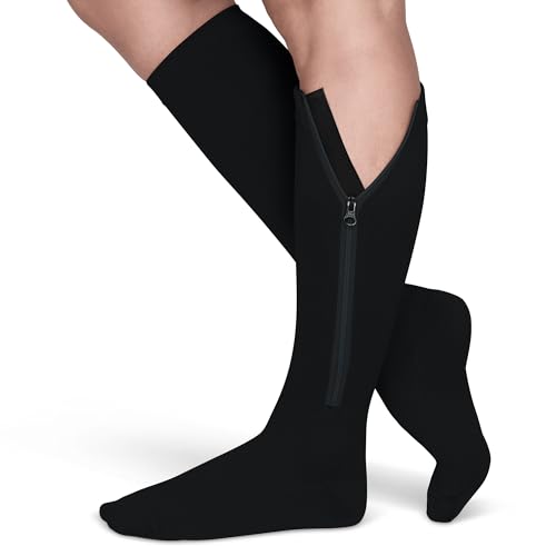 TheraMagic® Zipper Compression Socks for Men & Women, 20-30mmHg Closed Toe Graduated Zippered Compression Stocking Large-X-Large Black/Copper Dyed Black