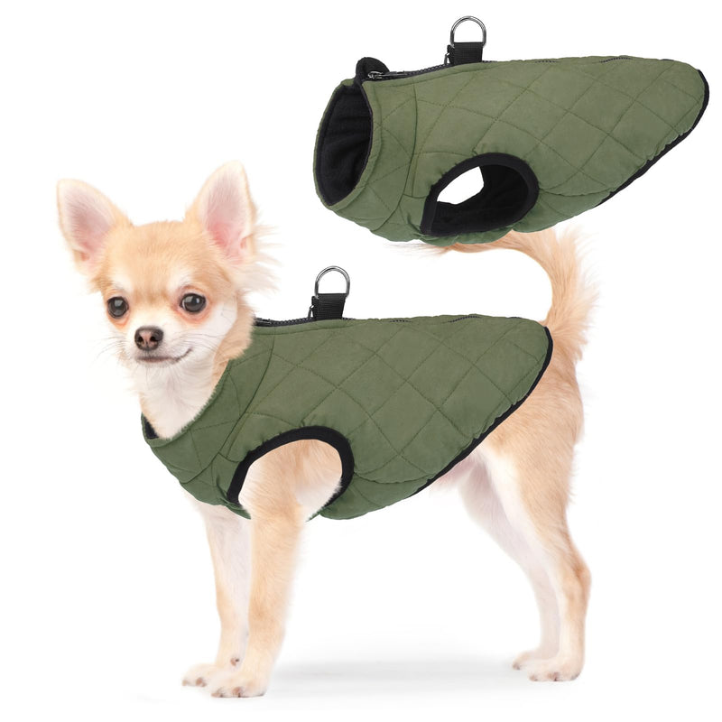 SCENEREAL Winter Dog Vest Coat with Harness Built in, Warm Dog Jacket for Small Medium Dogs, Dog Cold Weather Coats with Zipper, Fleece Puffer Vest Windproof Snow Clothes for Puppy Pet S(Chest 14") #1 Olive-Matte - BeesActive Australia