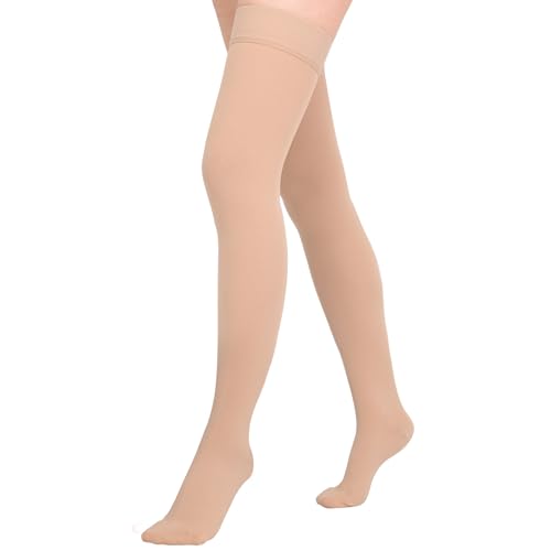 Athbavib 20-30 mmHg Thigh High Compression Stockings for Women Men Large Closed Toe-Beige