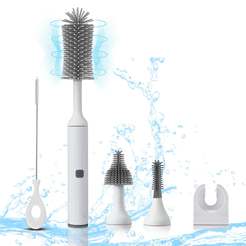 Electric Baby Bottle Brush Set with Rechargeable Electric Bottle Brush Cleaner and Replaceable Silicone Bottle Brushes and Straw Brush Cleaner, Waterproof Multi-Purpose Cleaning Brush (White) White - BeesActive Australia