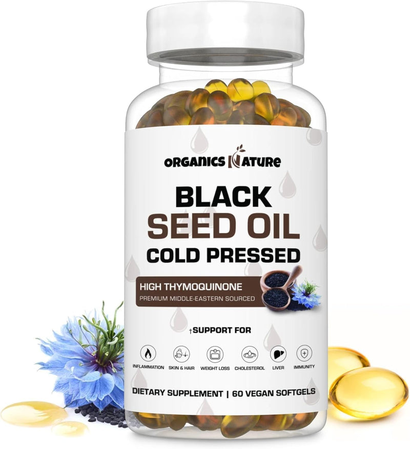 ORGANICS NATURE Black Seed Oil Capsules 1000MG Per Serving Vegan Softgels, Hair, Skin, & Heart Support, Nigella Sativa - 100% Cold Pressed Cumin Seed Oil Capsules High Thymoquinone, Omega 3s