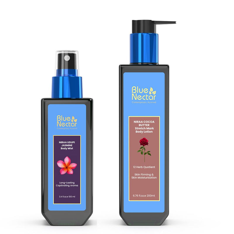 Blue Nectar Stretch Mark Cream & Niraa Udupi Jasmine Body Mist - Nourishing Care for Moms, Shea Butter Moisturizer with 12 Herbs, 6.76 fl oz, Perfect Pregnancy Gifts - BeesActive Australia