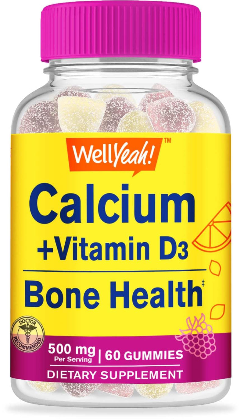 WellYeah Calcium 500mg + Vitamin D3 1000 IU (25 mcg) Gummies - Bone Health and Muscle Supprt, Immune Support Gummy, Non GMO, Gluten Free, Mix Fruit Flavors - 60 Gummies