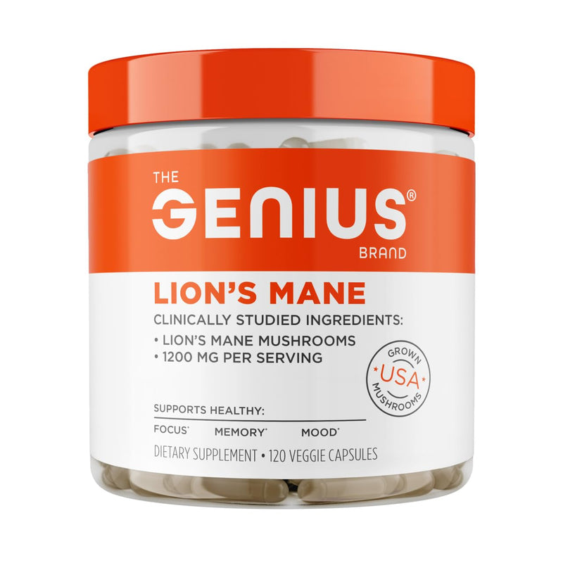 The Genius Brand Genius Lion's Mane - Plant-Based Supplement for Memory, Focus & Mood Support - Organic & Non-GMO - 120 Veggie Capsules 120 Count (Pack of 1)