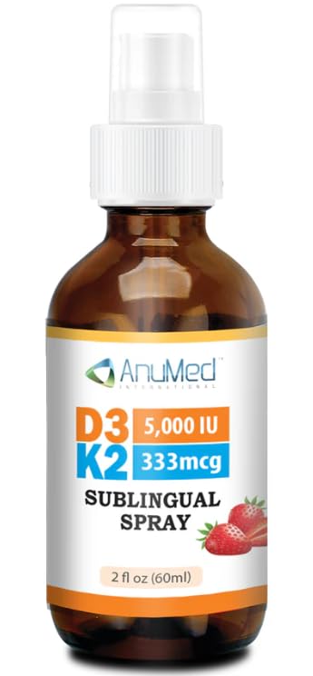Vitamin D3 K2 5,000 IU Liquid Spray with Organic MCT Oil, Vitamin A (Retinol) 1250mcg, K2 (MK4, MK7) Promotes Heart, Bones, Immune System. 100% Vegan, Non-GMO, No Sugar Added (2oz) (Strawberry) Strawberry