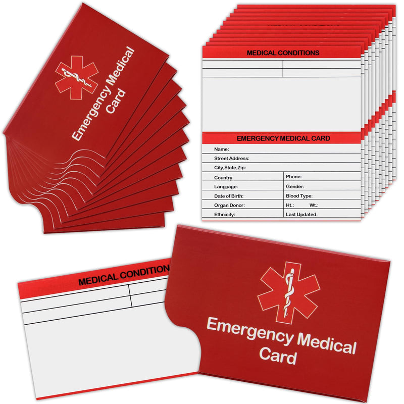 12 Pack Red Emergency Contact ID Wallet - Pocket Size, Medication List, Caretaker Cards - BeesActive Australia